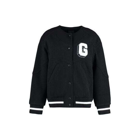 Black Wool Bomber Jacket with Patch for Women - SS24